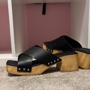Topshop Black Leather Clogs with Wooden Platform